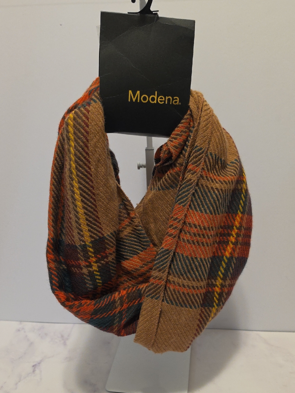 Modena Plaid Infinity Scarf in Tan and Orange